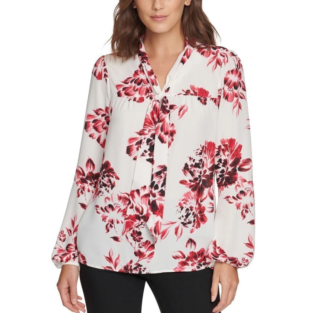 DKNY Ivory Floral Print Tie Front Blouse Top